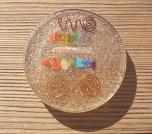 Load image into Gallery viewer, GOLDEN 7 CHAKRA  Orgone Gemstone Disk Charging Plate with OM Symbol