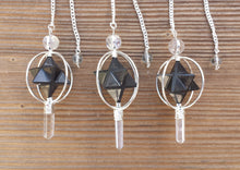 Load image into Gallery viewer, Natural BLACK TOURMALINE Gemstone 3 Stone Merkaba Spinning Star Faceted Pendulum