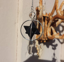 Load image into Gallery viewer, Natural BLACK TOURMALINE Gemstone 3 Stone Merkaba Spinning Star Faceted Pendulum