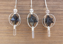 Load image into Gallery viewer, Natural BLACK TOURMALINE Gemstone 3 Stone Merkaba Spinning Star Faceted Pendulum
