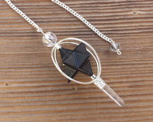 Load image into Gallery viewer, Natural BLACK TOURMALINE Gemstone 3 Stone Merkaba Spinning Star Faceted Pendulum