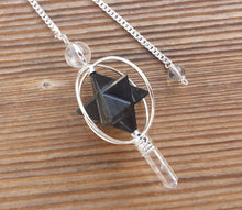 Load image into Gallery viewer, Natural BLACK TOURMALINE Gemstone 3 Stone Merkaba Spinning Star Faceted Pendulum