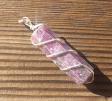 Load image into Gallery viewer, LEPIDOLITE Spiral Wire Wrapped Pencil Point Pendant Gemstone