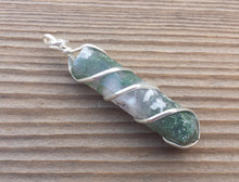 Load image into Gallery viewer, MOSS AGATE Spiral Wire Wrapped Pencil Point Pendant Gemstone