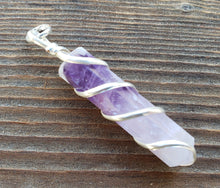 Load image into Gallery viewer, AMETHYST Spiral Wire Wrapped Pencil Point Pendant Gemstone