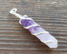 Load image into Gallery viewer, AMETHYST Spiral Wire Wrapped Pencil Point Pendant Gemstone