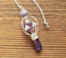 Load image into Gallery viewer, FULL AMETHYST Gemstone 3 Stone Merkaba Spinning Star Faceted Pendulum