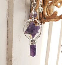 Load image into Gallery viewer, FULL AMETHYST Gemstone 3 Stone Merkaba Spinning Star Faceted Pendulum