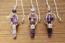 Load image into Gallery viewer, FULL AMETHYST Gemstone 3 Stone Merkaba Spinning Star Faceted Pendulum