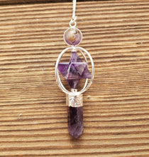Load image into Gallery viewer, FULL AMETHYST Gemstone 3 Stone Merkaba Spinning Star Faceted Pendulum