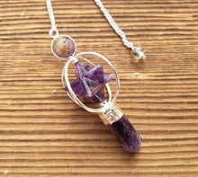 Load image into Gallery viewer, FULL AMETHYST Gemstone 3 Stone Merkaba Spinning Star Faceted Pendulum