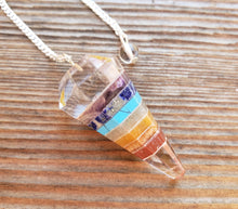 Load image into Gallery viewer, 7 CHAKRA BONDED w/ QUARTZ Natural Stone Gemstone Faceted Pendulum