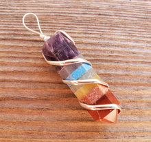 Load image into Gallery viewer, 7 CHAKRA BONDED Spiral Wire Wrapped Pencil Point Pendant Gemstone