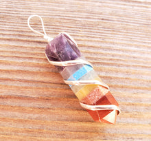 Load image into Gallery viewer, 7 CHAKRA BONDED Spiral Wire Wrapped Pencil Point Pendant Gemstone