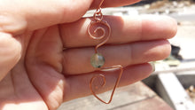 Load image into Gallery viewer, WIRE WRAPPED EARRINGS Prehnite in Hand Hammered Copper Handmade