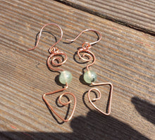 Load image into Gallery viewer, WIRE WRAPPED EARRINGS Prehnite in Hand Hammered Copper Handmade