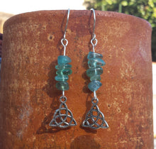 Load image into Gallery viewer, WIRE WRAPPED EARRINGS Blue Apatite Triquetra in Silver Handmade