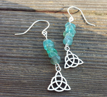 Load image into Gallery viewer, WIRE WRAPPED EARRINGS Blue Apatite Triquetra in Silver Handmade
