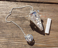 Load image into Gallery viewer, PENTACLE CAGE PENDULUM with Selenite Piece Gemstone