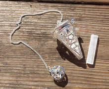 Load image into Gallery viewer, PENTACLE CAGE PENDULUM with Selenite Piece Gemstone