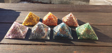 Load image into Gallery viewer, HUGE (70-75mm) 7 CHAKRA Complete Orgone Gemstone Pyramid Set Extra Large Pyramids Orgone