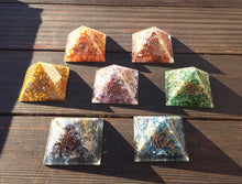 Load image into Gallery viewer, HUGE (70-75mm) 7 CHAKRA Complete Orgone Gemstone Pyramid Set Extra Large Pyramids Orgone