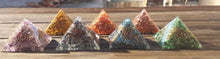 Load image into Gallery viewer, HUGE (70-75mm) 7 CHAKRA Complete Orgone Gemstone Pyramid Set Extra Large Pyramids Orgone