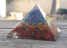 Load image into Gallery viewer, HUGE (70-75mm) 7 CHAKRA Layered Orgone Gemstone Pyramid Extra Large Pyramid Orgone