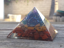 Load image into Gallery viewer, HUGE (70-75mm) 7 CHAKRA Layered Orgone Gemstone Pyramid Extra Large Pyramid Orgone