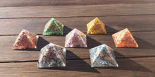 Load image into Gallery viewer, HUGE (70-75mm) 7 CHAKRA Complete Orgone Gemstone Pyramid Set Extra Large Pyramids Orgone