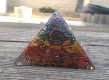 Load image into Gallery viewer, HUGE (70-75mm) 7 CHAKRA Layered Orgone Gemstone Pyramid Extra Large Pyramid Orgone