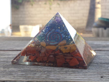Load image into Gallery viewer, HUGE (70-75mm) 7 CHAKRA Layered Orgone Gemstone Pyramid Extra Large Pyramid Orgone