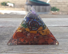 Load image into Gallery viewer, HUGE (70-75mm) 7 CHAKRA Layered Orgone Gemstone Pyramid Extra Large Pyramid Orgone
